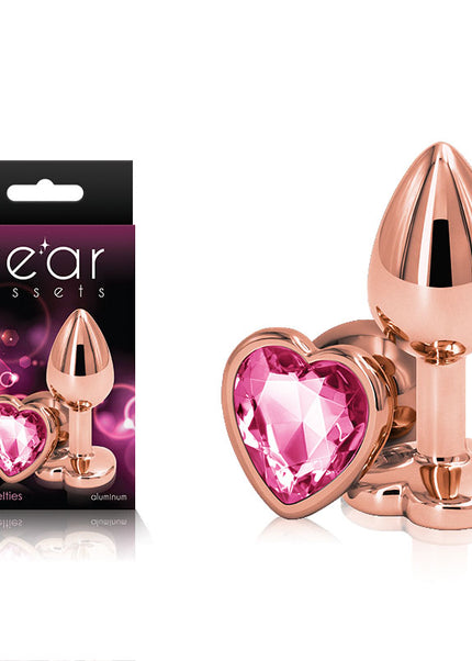 Rear Assets Rose Gold Heart Small - Rose Gold Small Metal Butt Plug with Pink Heart Gem Base