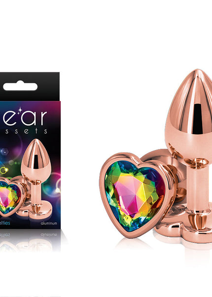 Rear Assets Rose Gold Heart Small - Rose Gold Small Metal Butt Plug with Rainbow Heart Gem Base