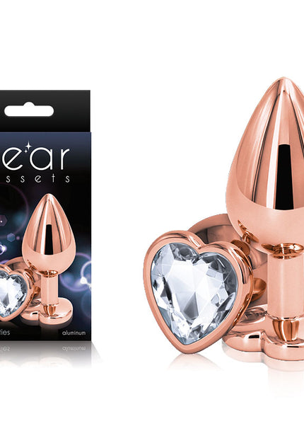 Rear Assets Rose Gold Heart Medium - Rose Gold Medium Metal Butt Plug with Clear Heart Gem Base