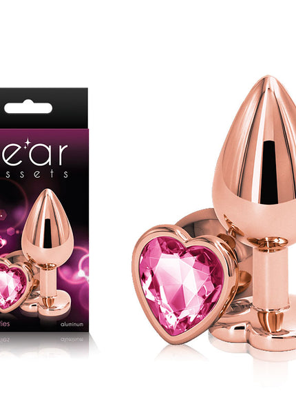 Rear Assets Rose Gold Heart Medium - Rose Gold Medium Metal Butt Plug with Pink Heart Gem Base