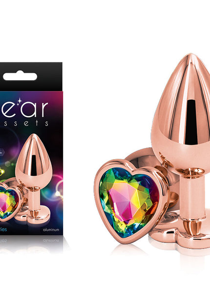 Rear Assets Rose Gold Heart Medium - Rose Gold Medium Metal Butt Plug with Rainbow Heart Gem Base