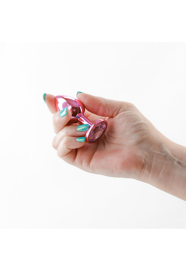 Rear Assets - Small - Pink - Pink 7.1 cm Small Metal Butt Plug with Pink Round Gem Base