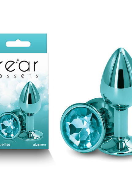 Rear Assets - Small - Teal - Teal 7.1 cm Small Metal Butt Plug with Teal Round Gem Base