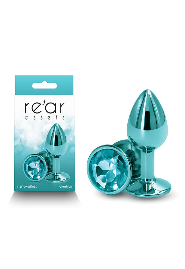 Rear Assets - Small - Teal - Teal 7.1 cm Small Metal Butt Plug with Teal Round Gem Base
