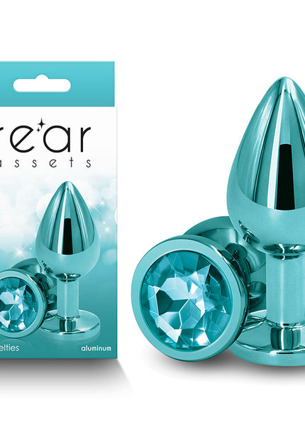 Rear Assets - Medium - Teal - Teal 8.2 cm Medium Metal Butt Plug with Teal Round Gem Base