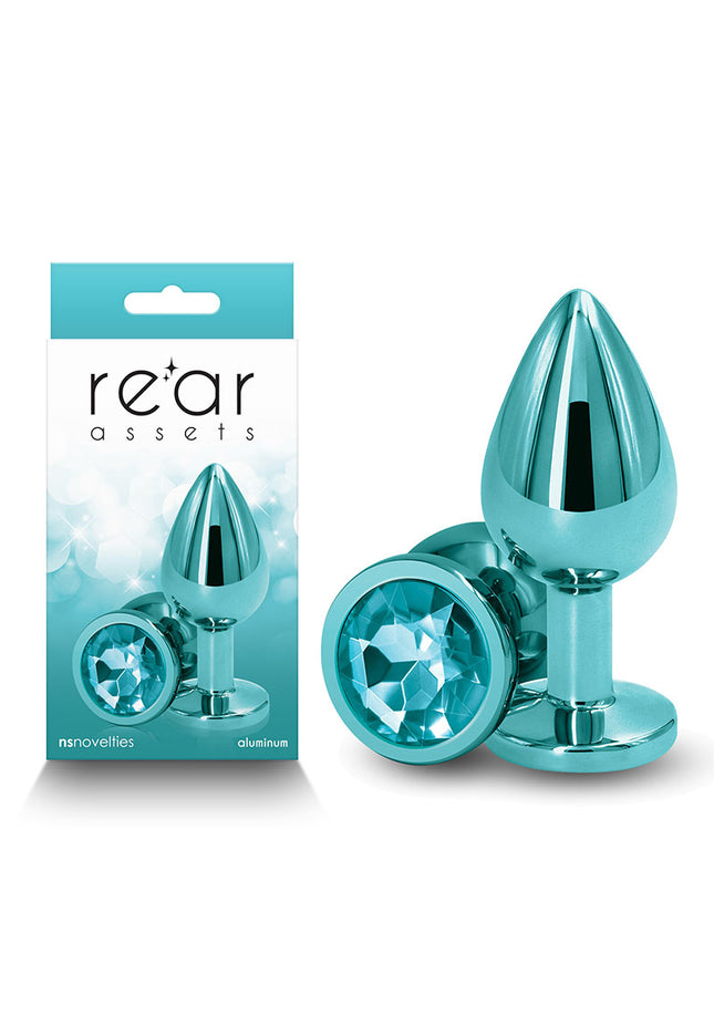 Rear Assets - Medium - Teal - Teal 8.2 cm Medium Metal Butt Plug with Teal Round Gem Base