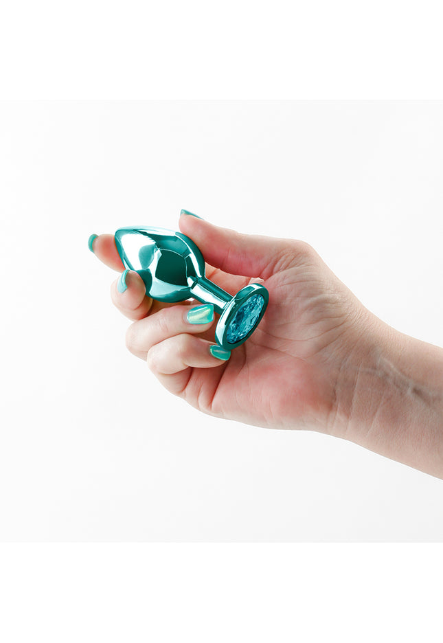 Rear Assets - Medium - Teal - Teal 8.2 cm Medium Metal Butt Plug with Teal Round Gem Base