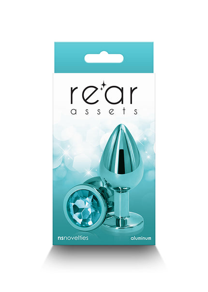 Rear Assets - Medium - Teal - Teal 8.2 cm Medium Metal Butt Plug with Teal Round Gem Base