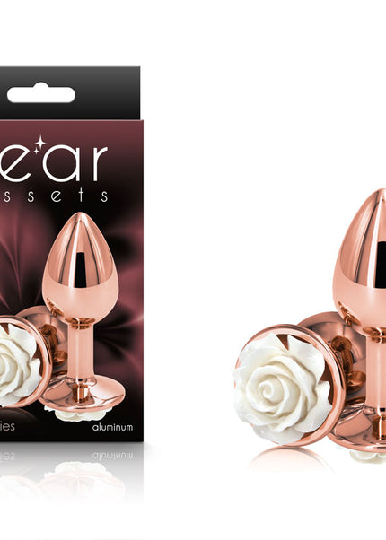 Rear Assets Rose - Small - Rose Gold 7.6 cm Metal Butt Plug with White Rose Base
