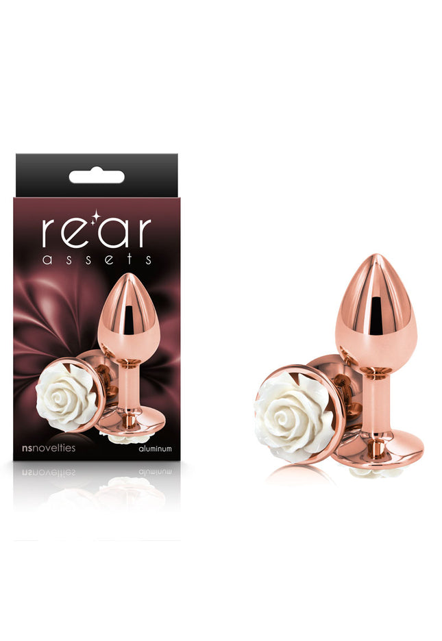 Rear Assets Rose - Small - Rose Gold 7.6 cm Metal Butt Plug with White Rose Base