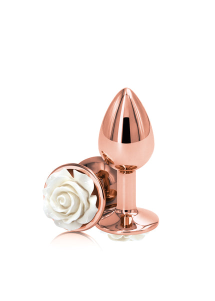 Rear Assets Rose - Small - Rose Gold 7.6 cm Metal Butt Plug with White Rose Base