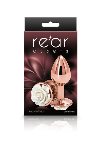 Rear Assets Rose - Small - Rose Gold 7.6 cm Metal Butt Plug with White Rose Base