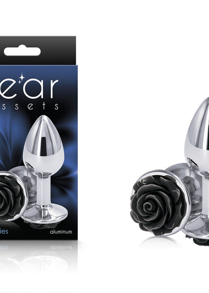 Rear Assets Rose - Small - Chrome 7.6 cm Metal Butt Plug with Black Rose Base