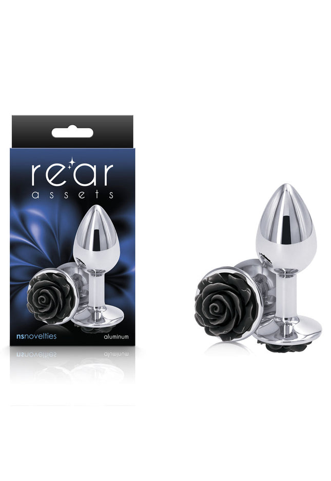 Rear Assets Rose - Small - Chrome 7.6 cm Metal Butt Plug with Black Rose Base