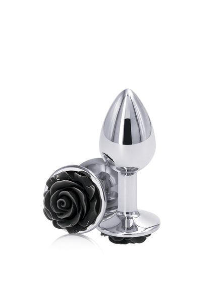 Rear Assets Rose - Small - Chrome 7.6 cm Metal Butt Plug with Black Rose Base