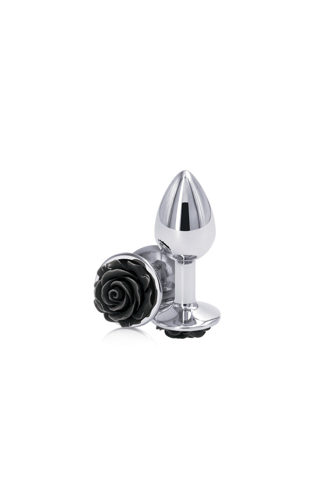 Rear Assets Rose - Small - Chrome 7.6 cm Metal Butt Plug with Black Rose Base