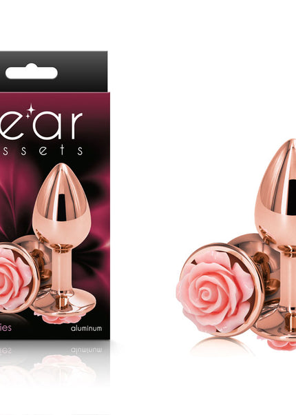 Rear Assets Rose - Small - Rose Gold 7.6 cm Metal Butt Plug with Pink Rose Base