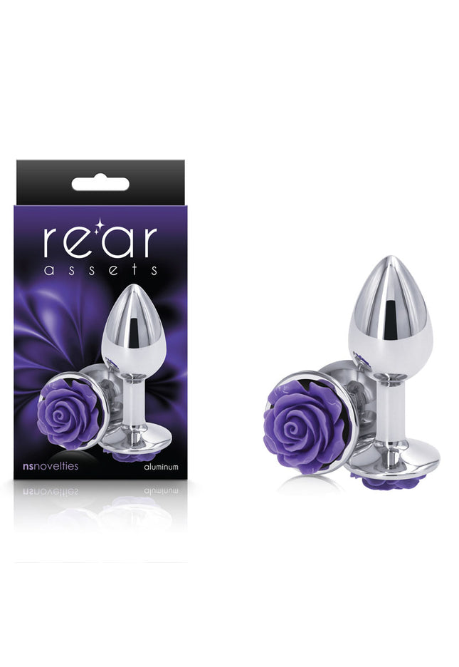 Rear Assets Rose - Small - Chrome 7.6 cm Metal Butt Plug with Purple Rose Base