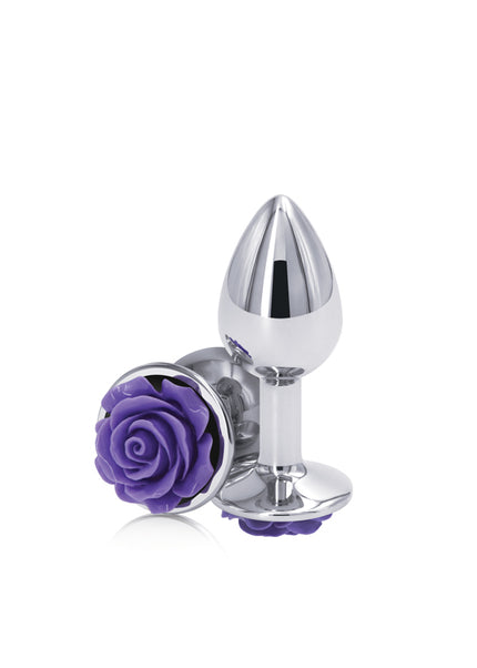 Rear Assets Rose - Small - Chrome 7.6 cm Metal Butt Plug with Purple Rose Base