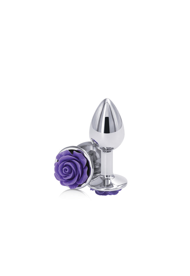 Rear Assets Rose - Small - Chrome 7.6 cm Metal Butt Plug with Purple Rose Base