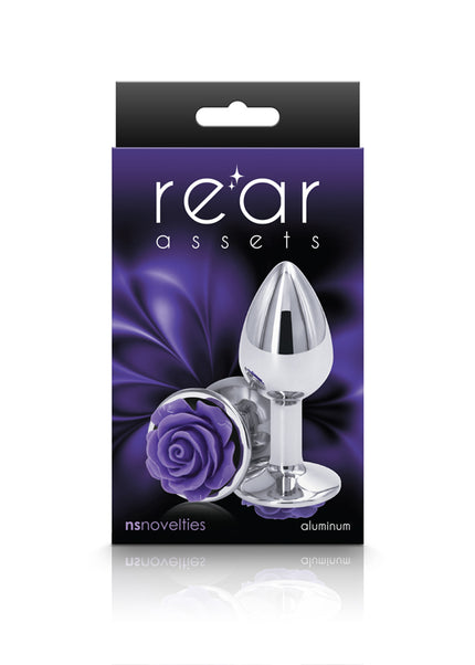 Rear Assets Rose - Small - Chrome 7.6 cm Metal Butt Plug with Purple Rose Base