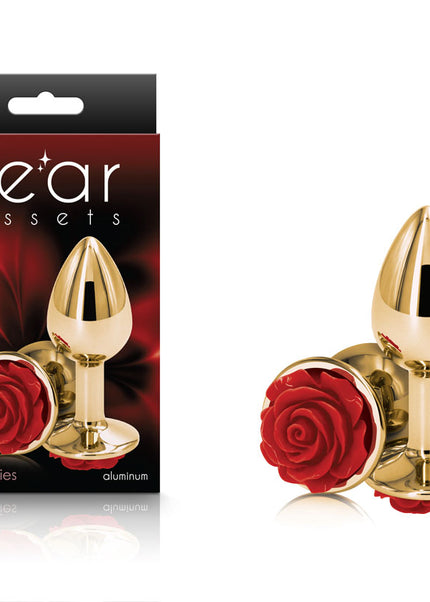 Rear Assets Rose - Small - Gold 7.6 cm Metal Butt Plug with Red Rose Base