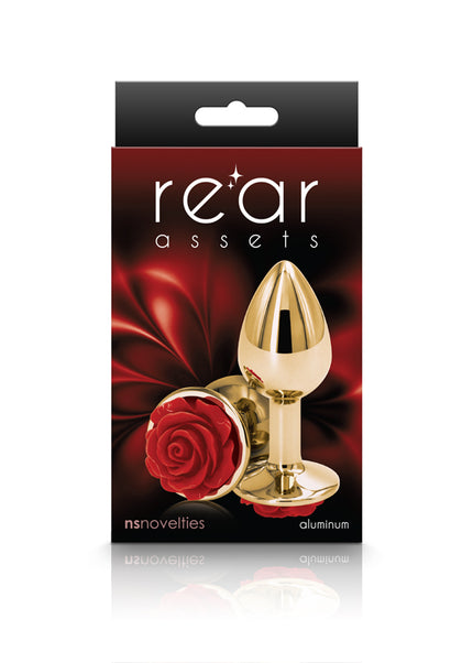 Rear Assets Rose - Small - Gold 7.6 cm Metal Butt Plug with Red Rose Base