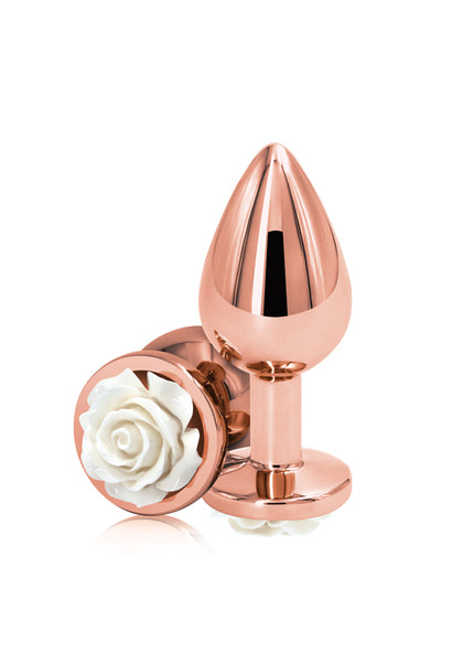 Rear Assets Rose - Medium - Rose Gold 8.9 cm Metal Butt Plug with White Rose Base