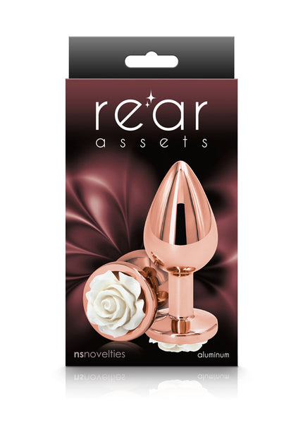 Rear Assets Rose - Medium - Rose Gold 8.9 cm Metal Butt Plug with White Rose Base