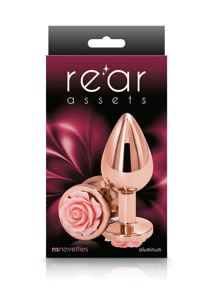 Rear Assets Rose - Medium - Rose Gold 8.9 cm Metal Butt Plug with Pink Rose Base