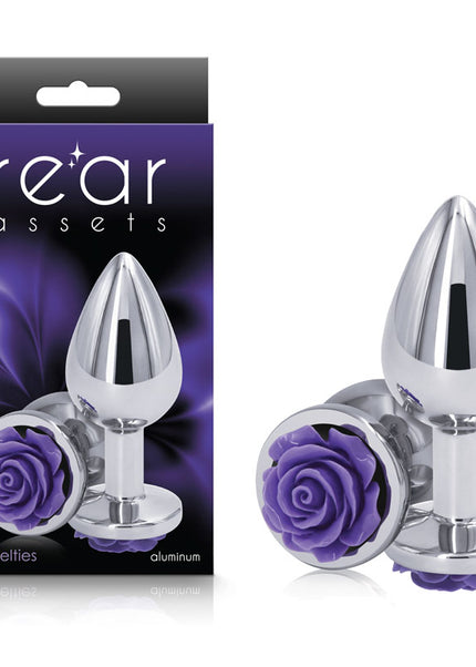 Rear Assets Rose - Medium - Chrome 8.9 cm Metal Butt Plug with Purple Rose Base