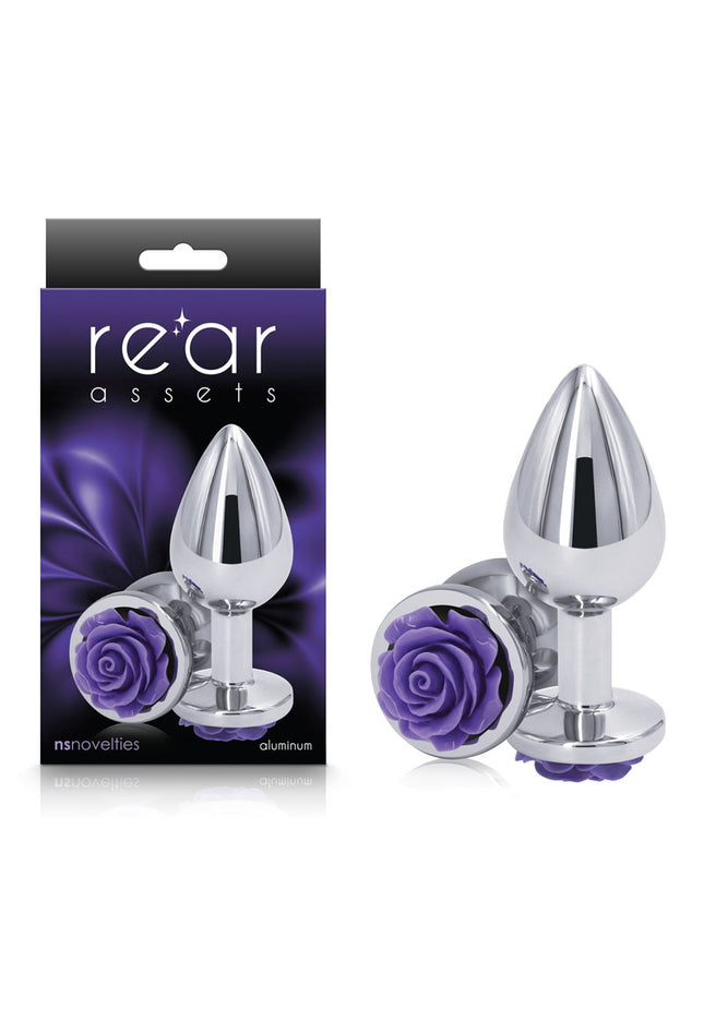 Rear Assets Rose - Medium - Chrome 8.9 cm Metal Butt Plug with Purple Rose Base