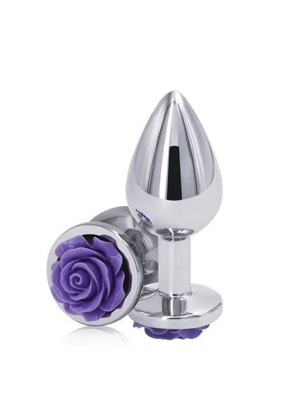 Rear Assets Rose - Medium - Chrome 8.9 cm Metal Butt Plug with Purple Rose Base