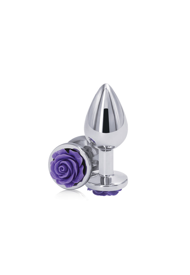 Rear Assets Rose - Medium - Chrome 8.9 cm Metal Butt Plug with Purple Rose Base