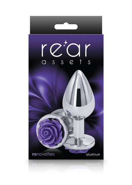 Rear Assets Rose - Medium - Chrome 8.9 cm Metal Butt Plug with Purple Rose Base