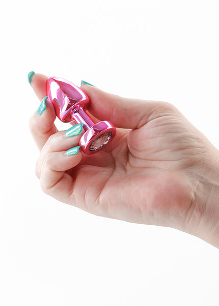 Rear Assets Petite - Pink - Pink 6 cm Metal Butt Plug with Pink Round Gem Base