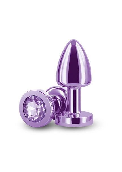 Rear Assets Petite - Purple - Purple 6 cm Metal Butt Plug with Purple Round Gem Base