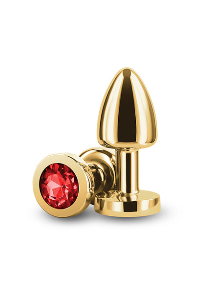 Rear Assets Petite - Gold with Red Gem - Gold 6 cm Metal Butt Plug with Red Round Gem Base