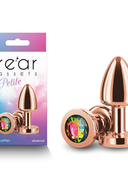 Rear Assets Petite - Rose Gold with Rainbow Gem - Rose Gold 6 cm Metal Butt Plug with Rainbow Round Gem Base