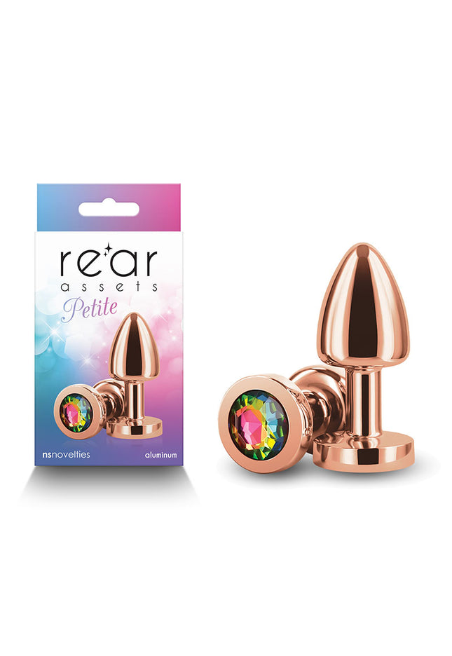 Rear Assets Petite - Rose Gold with Rainbow Gem - Rose Gold 6 cm Metal Butt Plug with Rainbow Round Gem Base