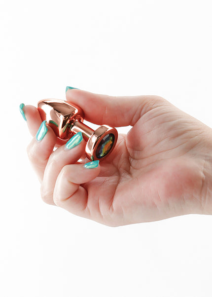 Rear Assets Petite - Rose Gold with Rainbow Gem - Rose Gold 6 cm Metal Butt Plug with Rainbow Round Gem Base