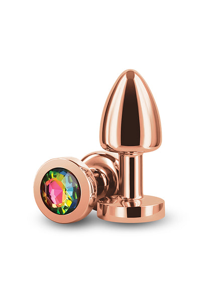 Rear Assets Petite - Rose Gold with Rainbow Gem - Rose Gold 6 cm Metal Butt Plug with Rainbow Round Gem Base