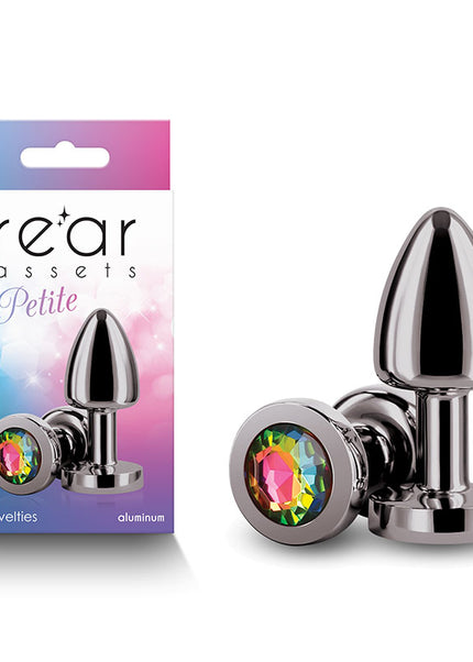 Rear Assets Petite - Gunmetal with Rainbow Gem - Gunmetal 6 cm Metal Butt Plug with Rainbow Round Gem Base