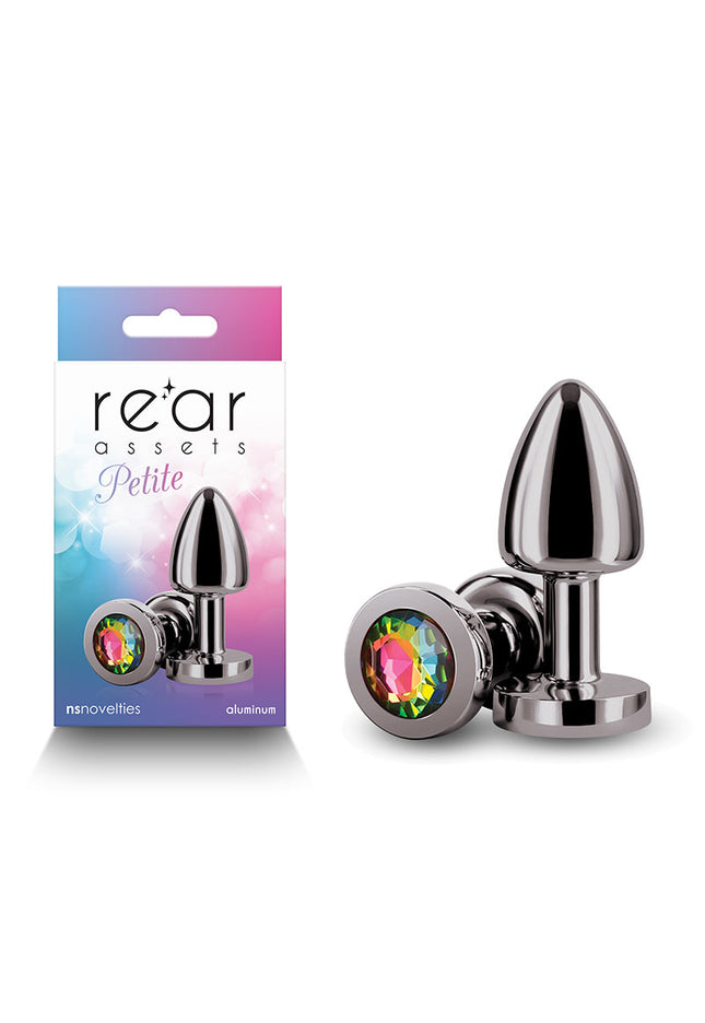 Rear Assets Petite - Gunmetal with Rainbow Gem - Gunmetal 6 cm Metal Butt Plug with Rainbow Round Gem Base