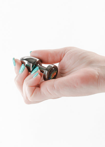 Rear Assets Petite - Gunmetal with Rainbow Gem - Gunmetal 6 cm Metal Butt Plug with Rainbow Round Gem Base