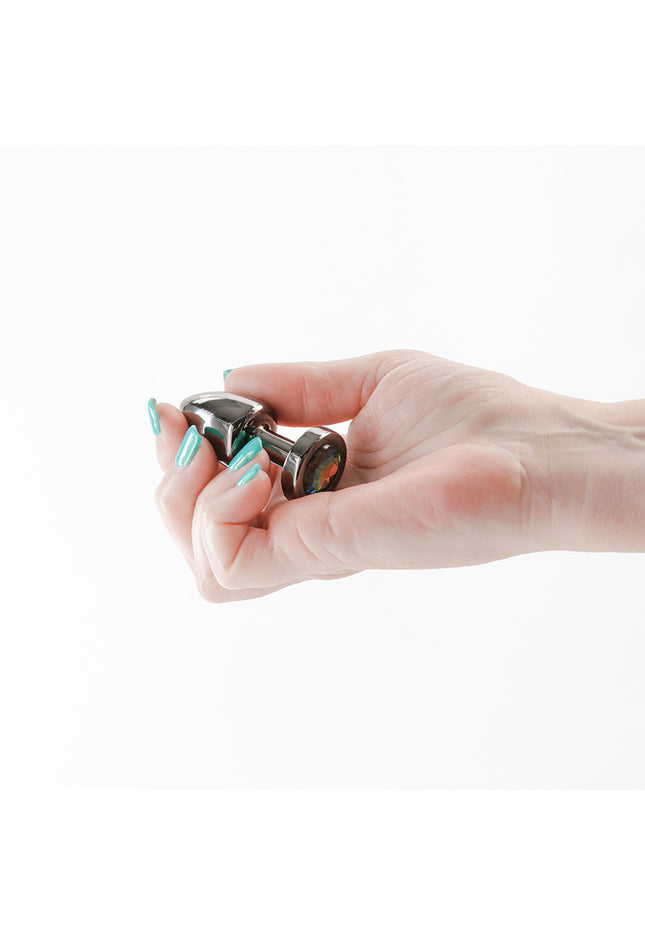 Rear Assets Petite - Gunmetal with Rainbow Gem - Gunmetal 6 cm Metal Butt Plug with Rainbow Round Gem Base