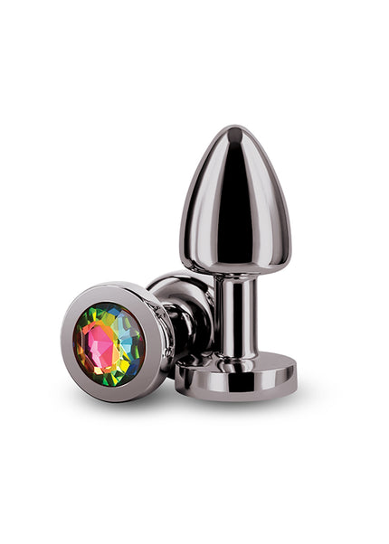Rear Assets Petite - Gunmetal with Rainbow Gem - Gunmetal 6 cm Metal Butt Plug with Rainbow Round Gem Base