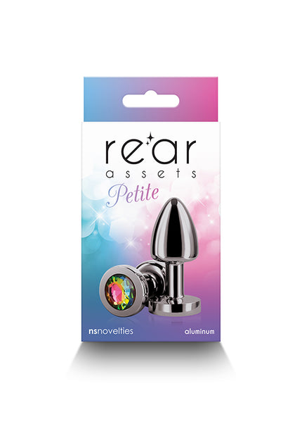 Rear Assets Petite - Gunmetal with Rainbow Gem - Gunmetal 6 cm Metal Butt Plug with Rainbow Round Gem Base