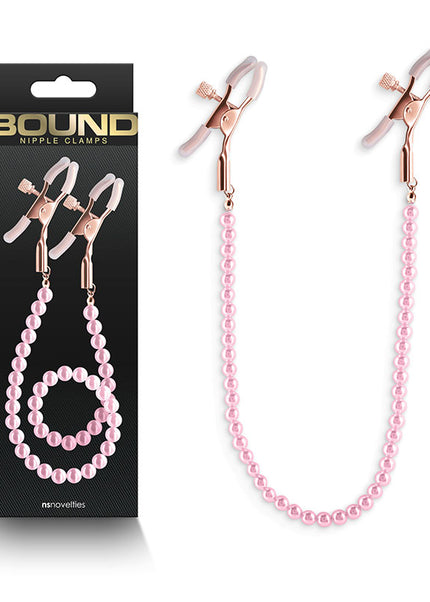 Bound Nipple Clamps - DC1 - Pink - Gold Nipple Clamps with Pink Pearl Chain