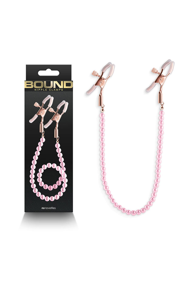 Bound Nipple Clamps - DC1 - Pink - Gold Nipple Clamps with Pink Pearl Chain